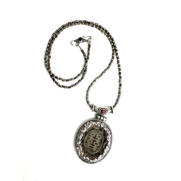 Vintage Tibetan Carved Sterling Silver Handmade Bead Necklace - Picture 1 of 9